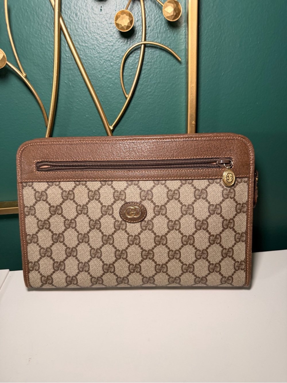 Gucci Brown GG Canvas Zip Clutch